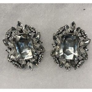Vintage Large Rhinestone Earrings Silver-tone Metal Pierced
